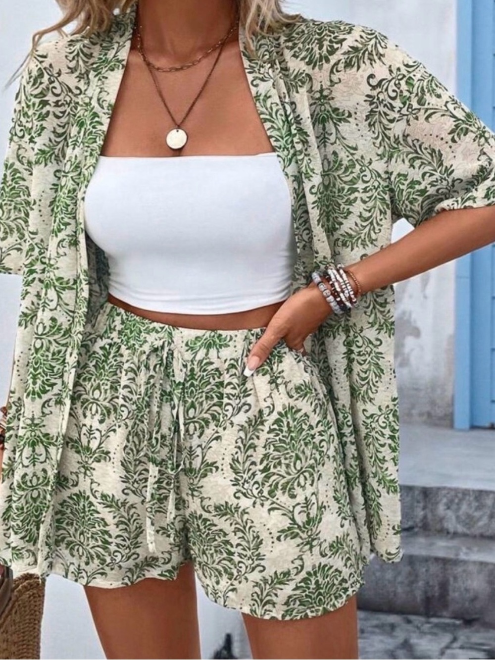 Green Floral Short Sleeve Shirt for Women